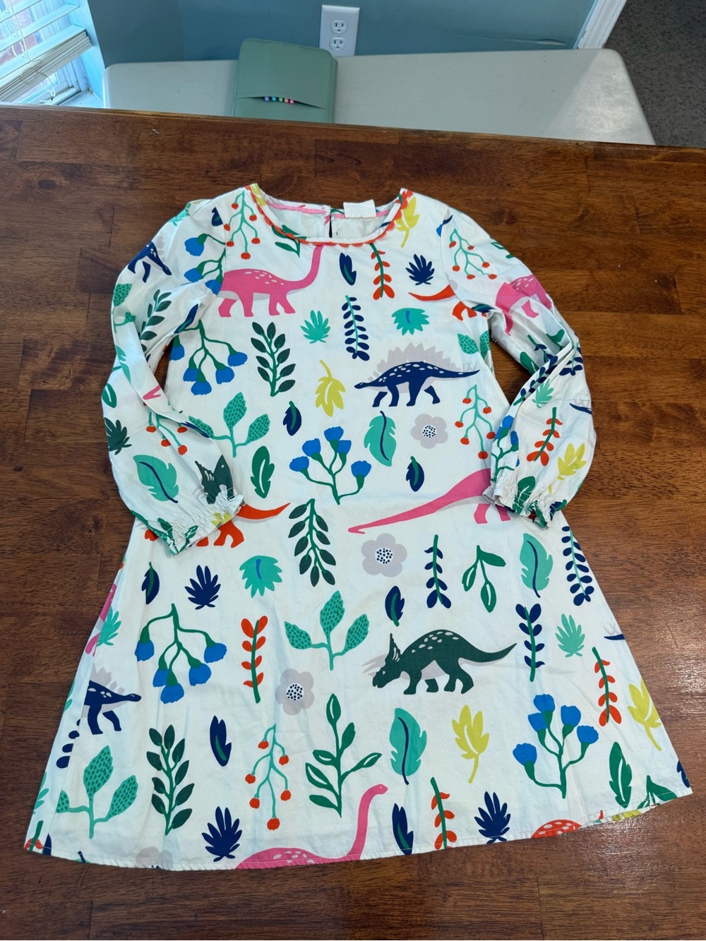 Mini Boden Florasaurus Dinosaur Botanical Print Dress Long Sleeve White 9-10Y